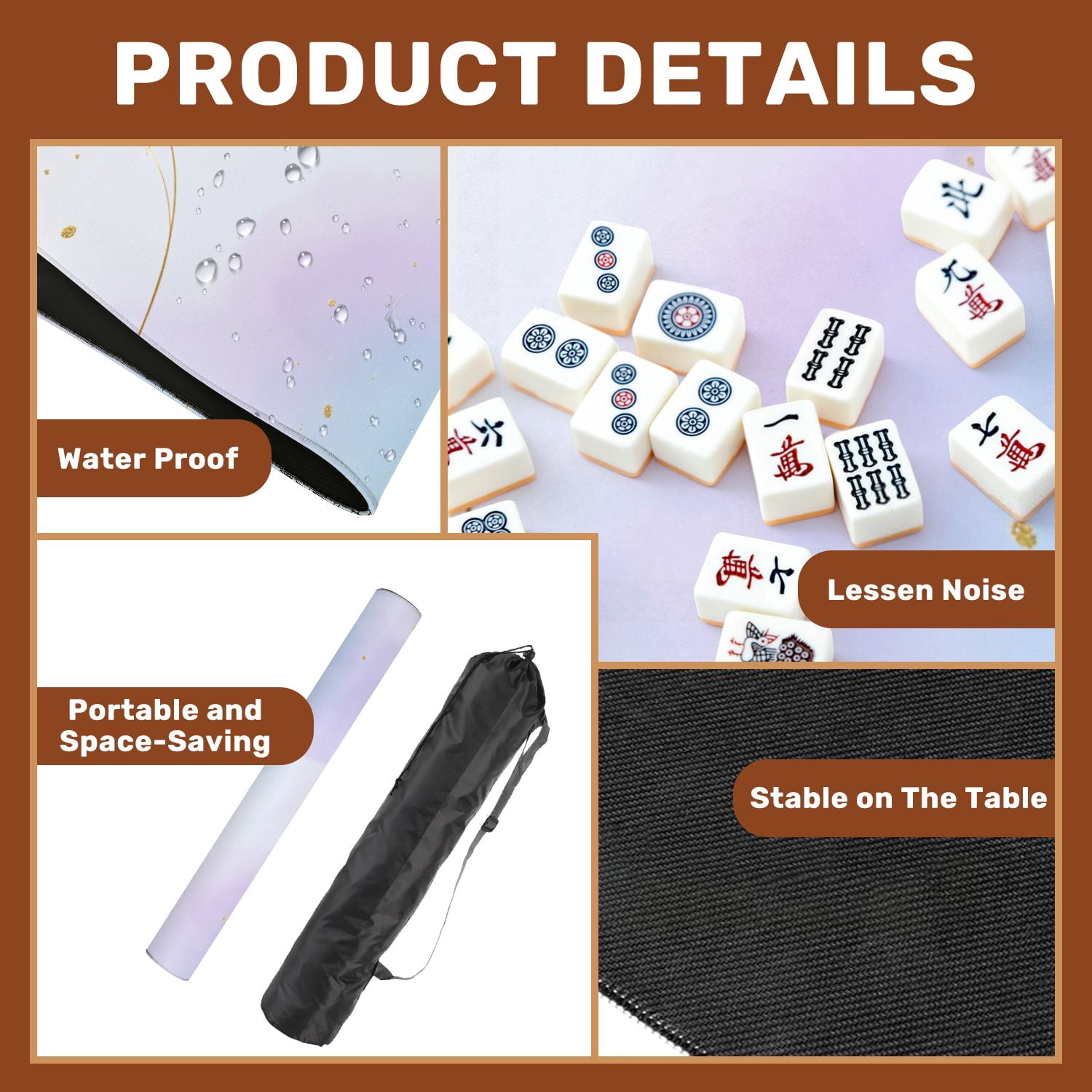 Mahjong Mat 31.5" x 31.5" Violet cyan blue liquid watercolor golden stains Teal mauve purple Non-Slip Noise Reduction American Mahjong Tiles Table Cover for Dominoes Poker Card Board Games Gift