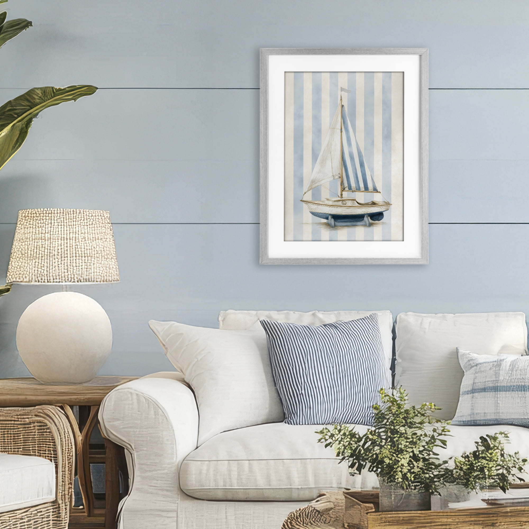 Stupell Industries Seaside Stripes Sailboat Gray Framed Print Under Glass, design by Petal Prints Design