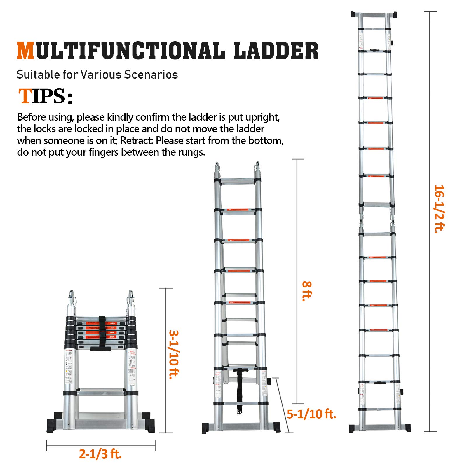 SUNCOO 16.5FT Telescoping Ladder Lightweight, Anti-Slip Aluminum Collapsible Extension Ladder, Quick Button Retraction Multi-Purpose Telescopic Ladders Compact Attic Ladder, 330lbs Max Capacity - image 3 of 9