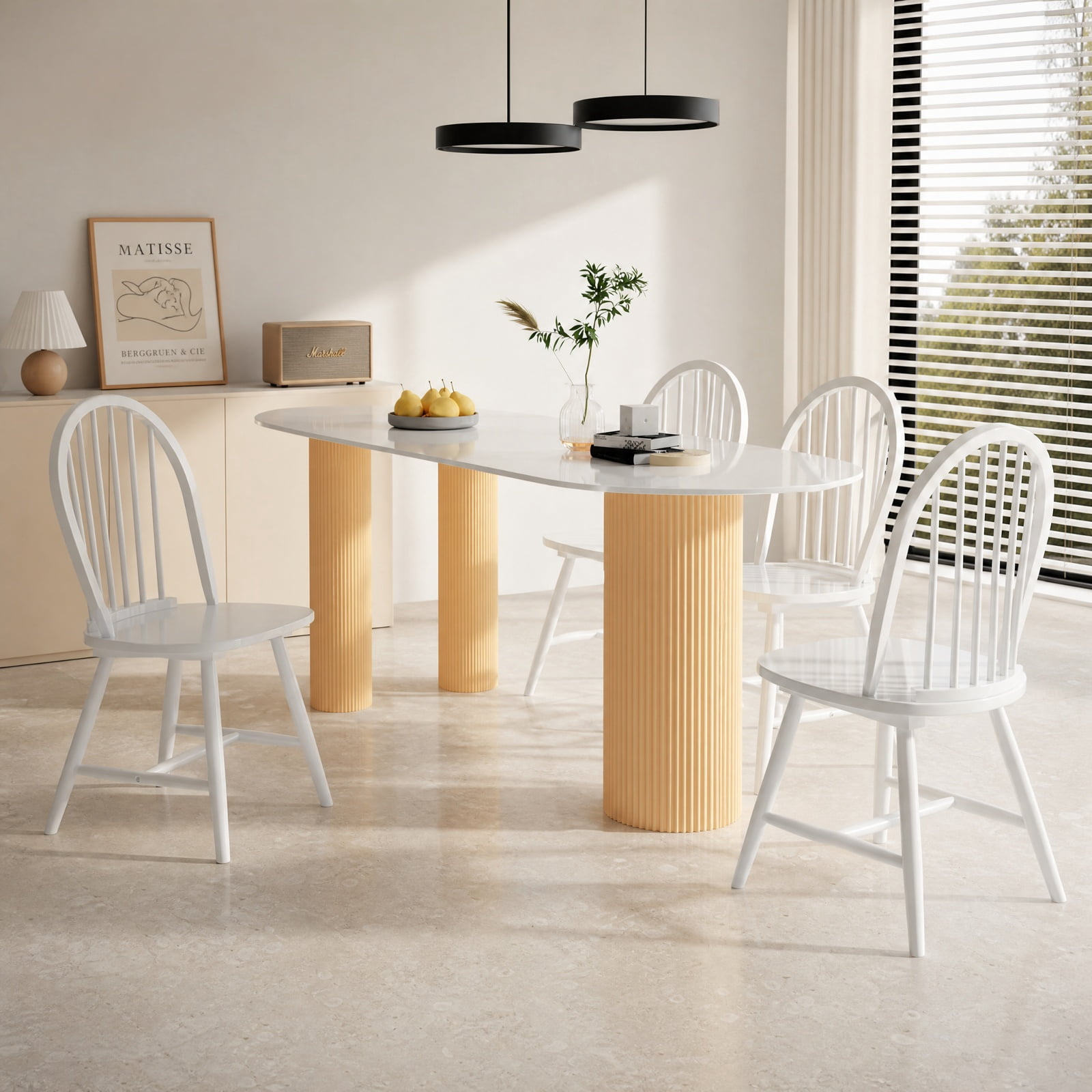 Furnibear Set of 2 Vintage Windsor Wood Chairs with High Spindle Back and Ergonomic Widened Seat for Dining Room and Kitchen, White