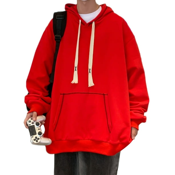 LUXUR Mens Solid Color Hoodies Plain Fall Pullover Red 4XL