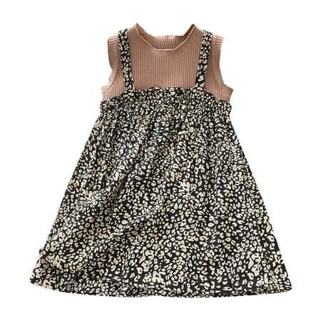 

GWAABD Girls Neutral Dress Khaki Cotton Blend Toddler Kids Baby Girls 2-7Y Summer Casual Two Pieces Ruffle Sleeveless Knitted Patchwork Sling Leopard Print Party Princess Dresses Clothes 13