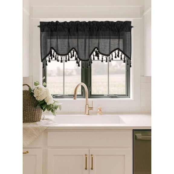 Gorgeous Home Linen 1Pc Wave Black Waterfall Valance with Tassels Faux Silk Rod Pocket Semi Sheer Dressing Window 55" wide X 18" long for kitchen décor