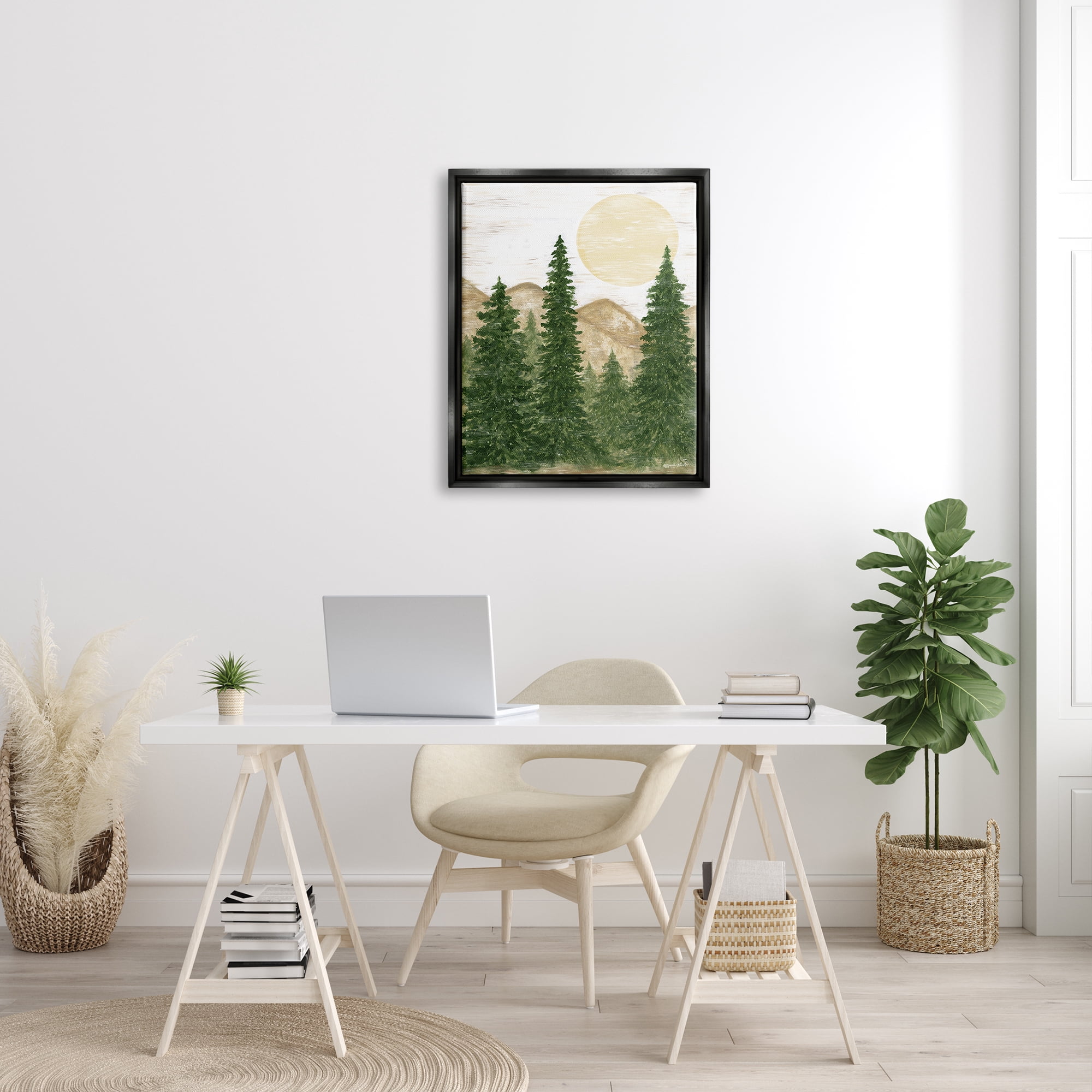 Stupell Rustic Mountain Sun Forest Trees Landscape Painting Black Floater Framed Art Print Wall Art