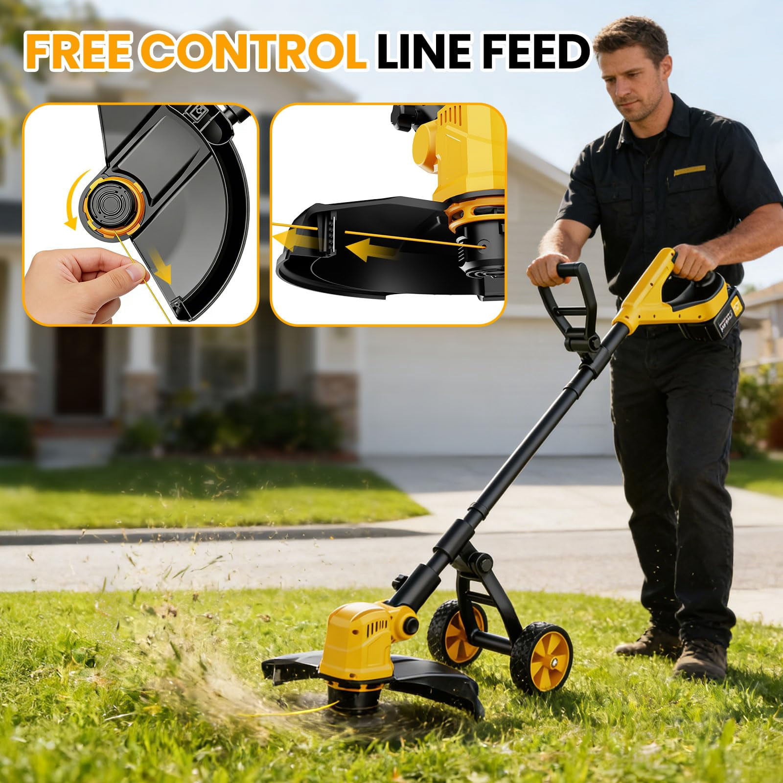 Cordless String Trimmer With Wheels  14-inch 2x3.0ah 21v Weed Eater Electric Lawn Mower Wacker Brush Grass For Garden Yard
