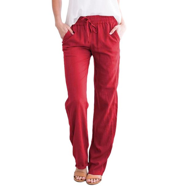Pantalones de mujer Pantalones de pierna recta con bolsillos laterales de cintura elástica Abanopi Rojo/Medio