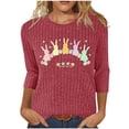 thumbnail image 2 of Mifsaly Ribbed Knit Easter Shirts for Women Cute Bunny and Egg Print Tshirts Loose Tunic 3/4 Sleeve Tops Textured Relaxed Festival Basic Tee S, 2 of 7
