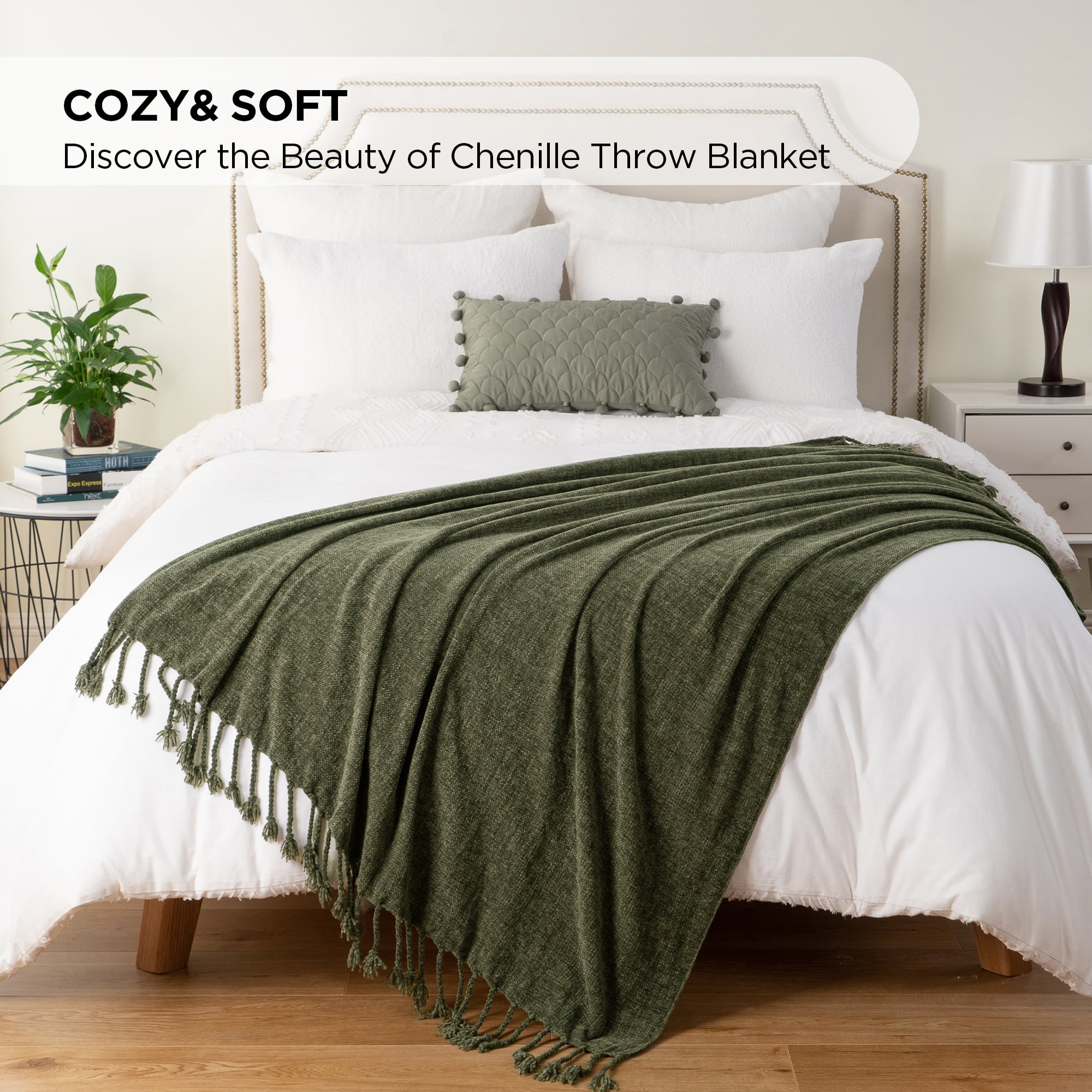 Battilo Olive Green Throw Blanket for Sofa Bed, Soft Cozy Chenille Blankets with Fringe Tassels,50"x60"