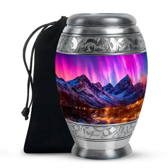 MUKTIVE Northern Lights Burial Large Urn for Ashes for Women & Men Cremation, Memorial Blue Funeral Urn for Adult Mother 10 Inch, Large Mountain Cremated Urns Couple Cremains