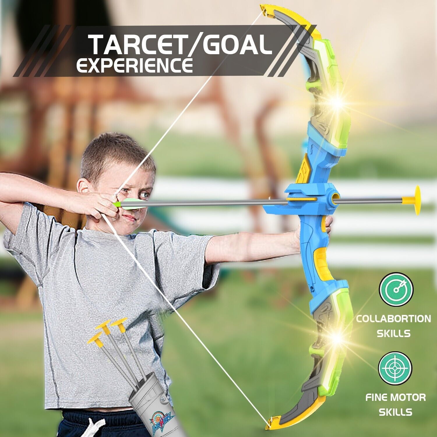 LED Lighting Bow and Arrow Set for Kids, 10 Suction Cup Arrows with Target & Adjustable Strap Quiver, Safe Archery Toy for Indoor Outdoor Games, Gift for Boys and Girls