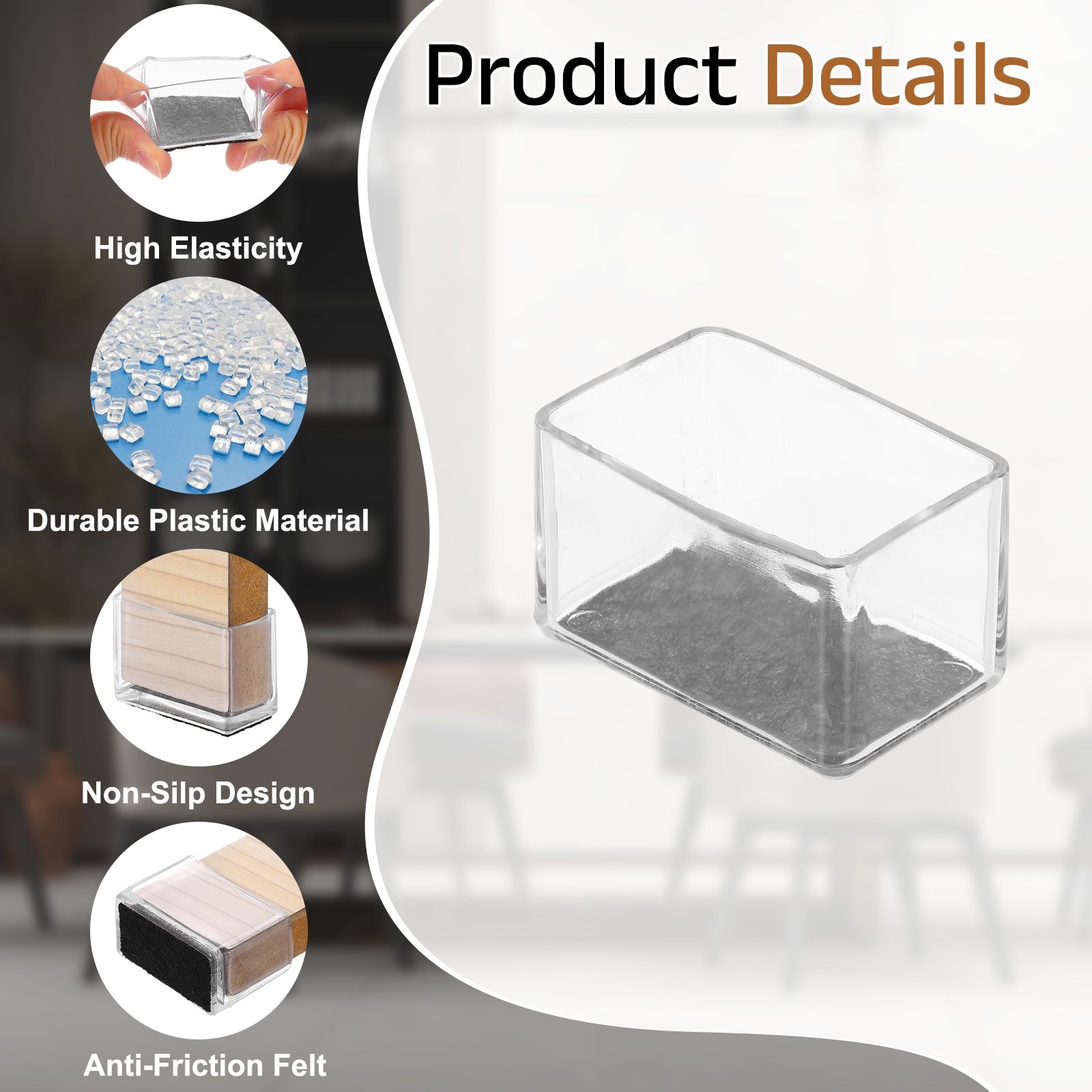 Uxcell 14Pcs Rectangle Chair Leg Protectors, 1.97x1.18" & Felt Furniture Chair Leg Cover Caps for Hardwood Floors Elastic Scratch Reduce Noise Covers Furniture Pads, Clear Black