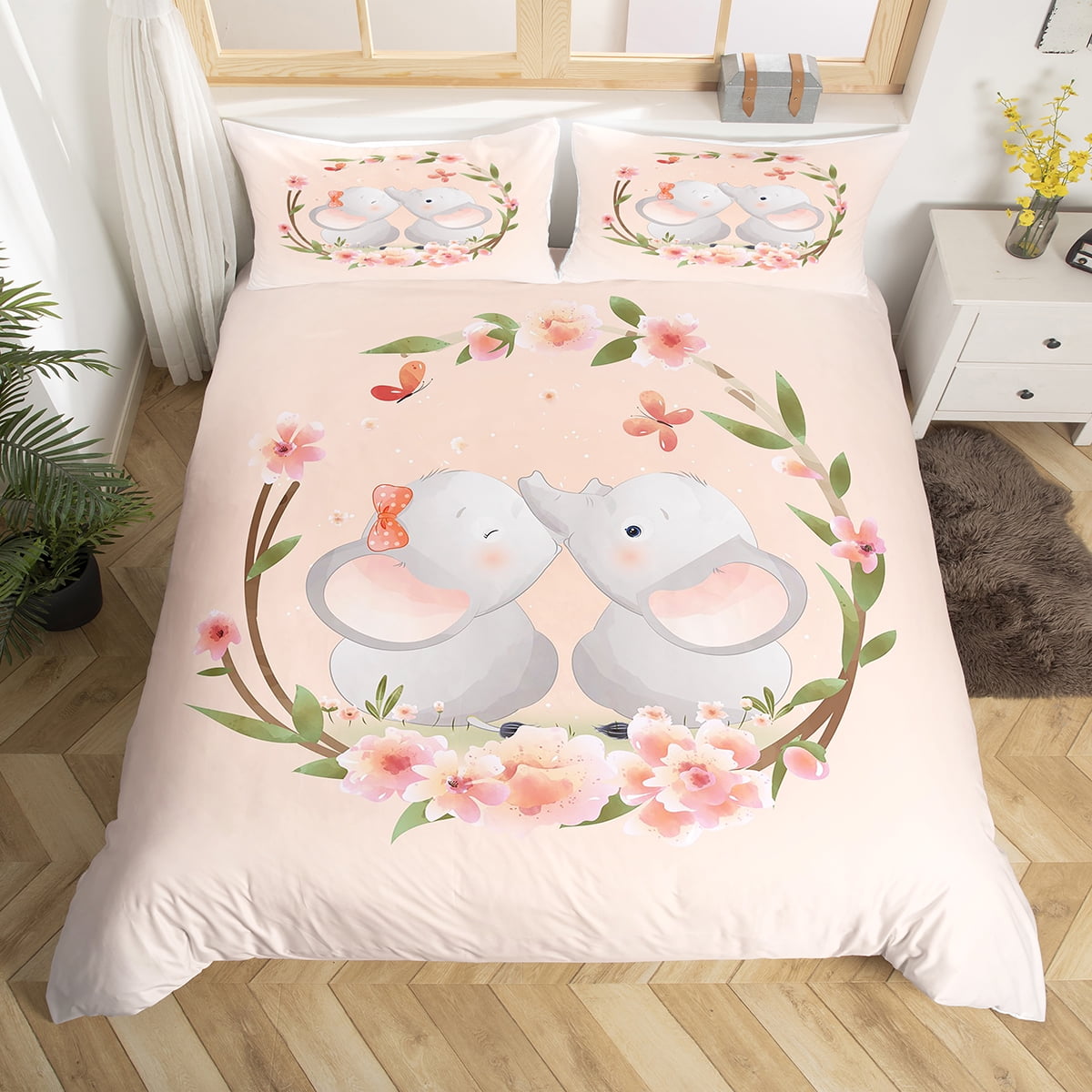 YSTCute Elephant Bed Set Pink Flower Duvet Cover, Woodland Animal Bedding Set Twin Flower Leaves