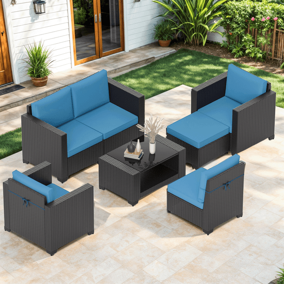 Grezone Patio 7-Piece Wicker L-Shaped Outdoor Sectional with Armrest Sofas, Blue
