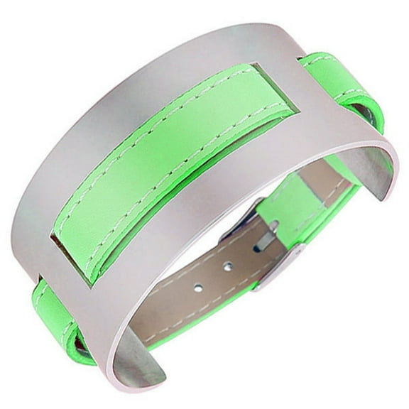 Green Faux Leather Stainless Steel Silver-Tone Wristband Womens Wrap Bracelet