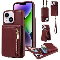 Feishell for iPhone 14 Plus Crossbody Wallet Phone Case with Hand Strap & Shoulder Strap,Premium PU Leather RFID Blocking Card Slots Zipper Pocket Back Purse Kickstand Phone Case,Winered