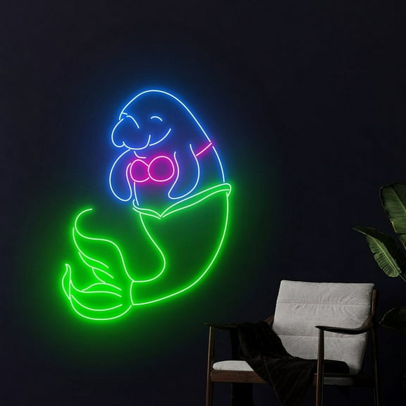 Handmadetneonsign Manatee Mermaid Neon Sign, Mermaid Neon Led light Art Decor, Mermaid Wall Decor