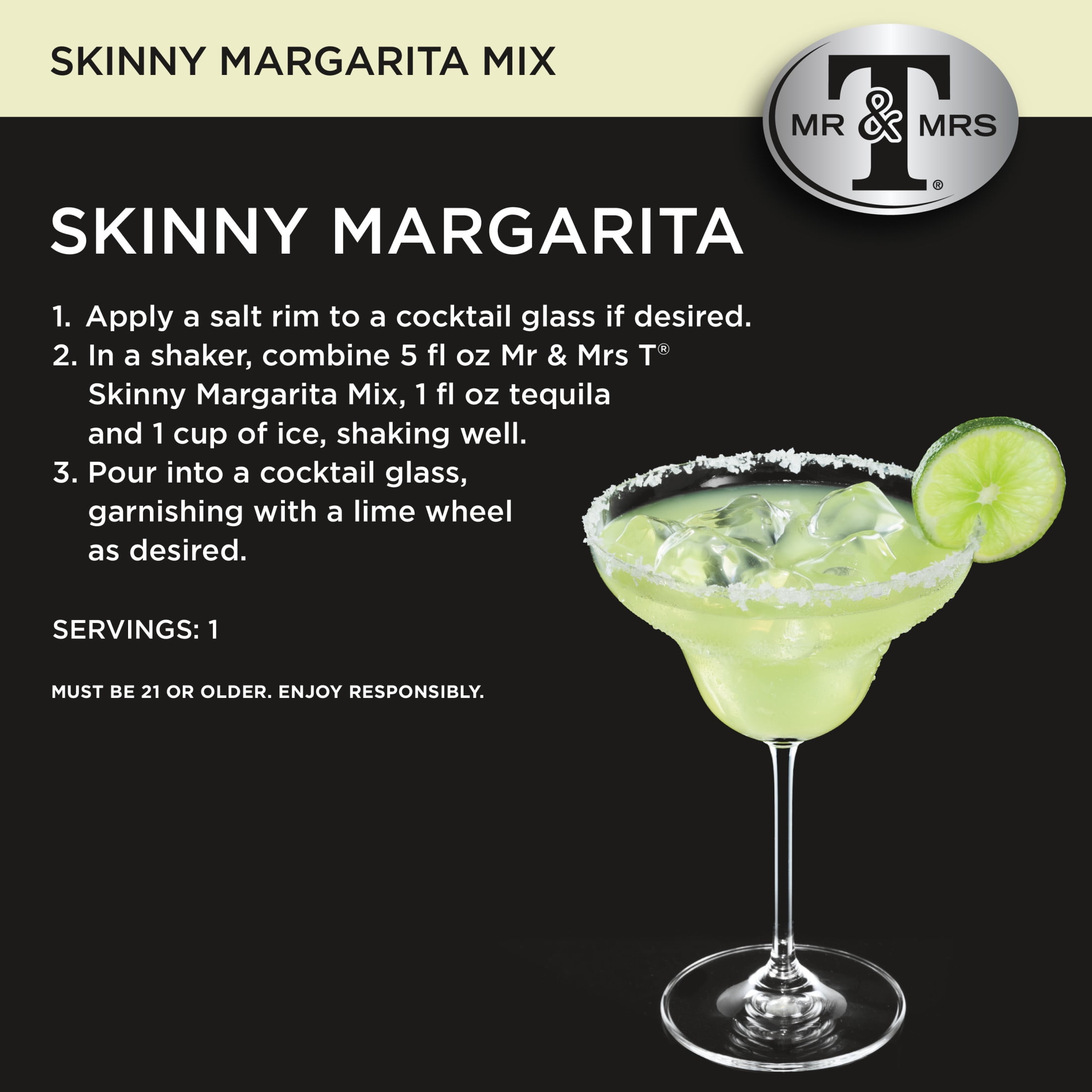 Mr & Mrs T Skinny Margarita Cocktail Mix, 1 L, Plastic Bottle, Shelf Stable