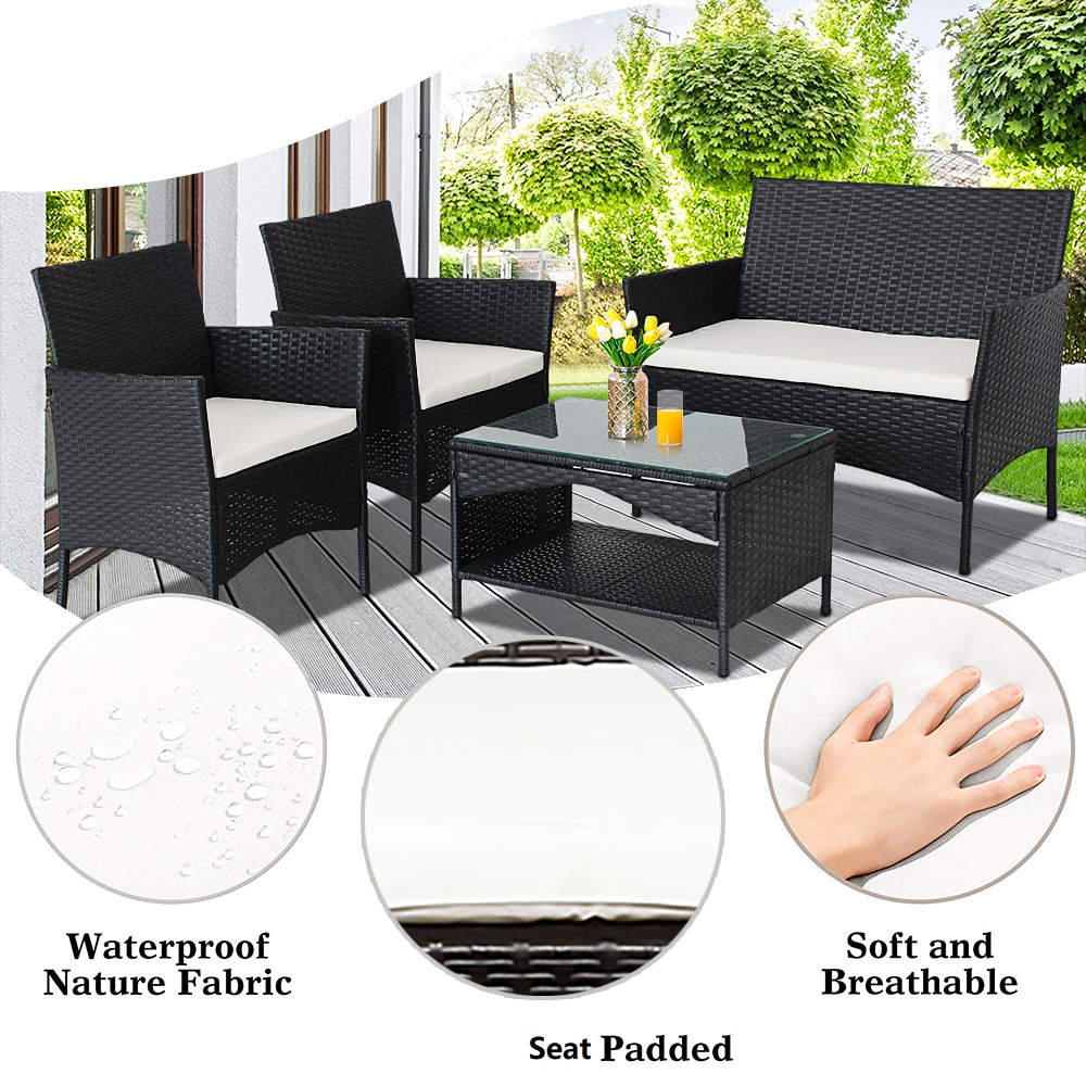 Outdoor Patio Furniture Set, 4 Piece Garden Conversation Set with Glass Dining Table, Loveseat & 2 Cushioned Chairs, Black Wicker Patio Set with Coffee Table for Yard, Porch, Poolside,LL886 - image 4 of 10