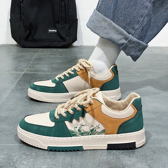 Men's Extra Large Size Sneakers - Low-Top Breathable TPU Sole & Lace-Up Closure,  Casual Sports Shoes with Arch & Cushioned Comfort for Gym, JoggingGreen/Golden/Grey/Grey-Green Color Options