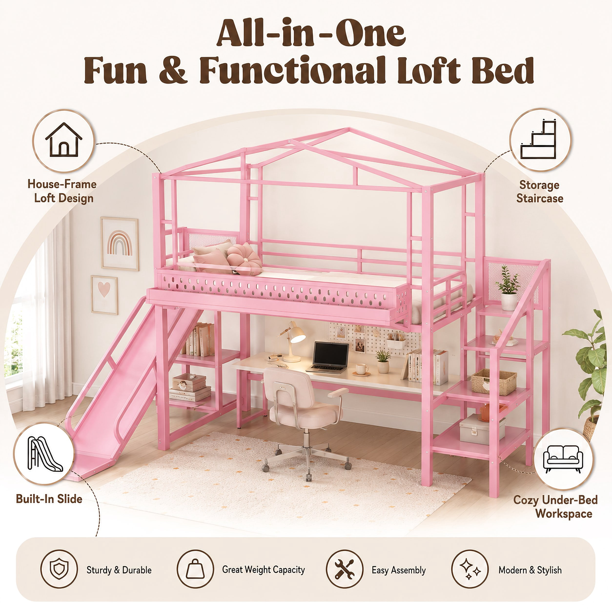 Aukfa Twin Loft Bed with Storage Stairs, Slide, Shelves, USB Ports and LED Lights, Metal Loft Bed for Kids, Noise-Reduced Design, Pink