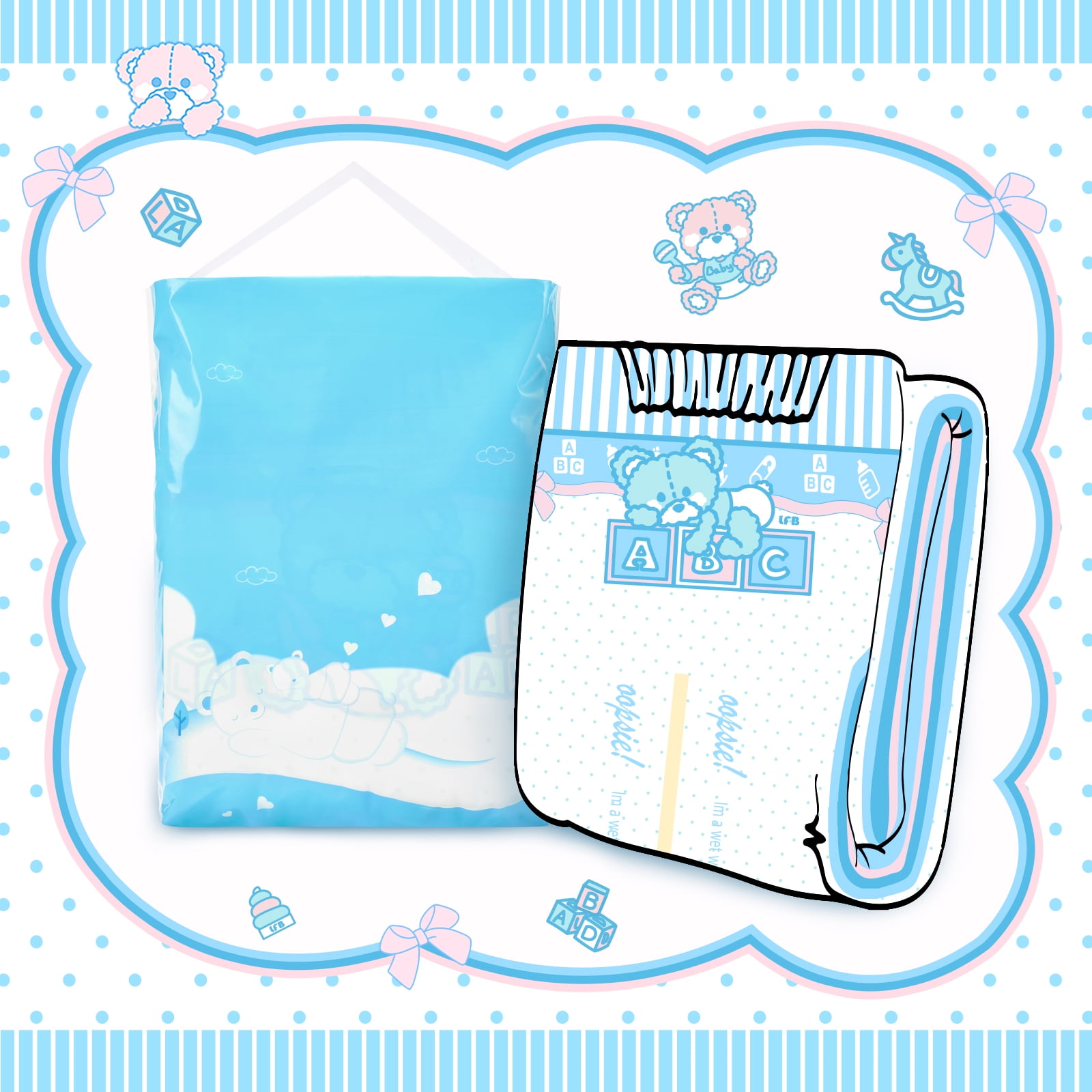 Littleforbig Adult Printed Diaper 2 Pieces Pack 3 Prints Random Assorted - Potty Pants (Medium 28"-38")
