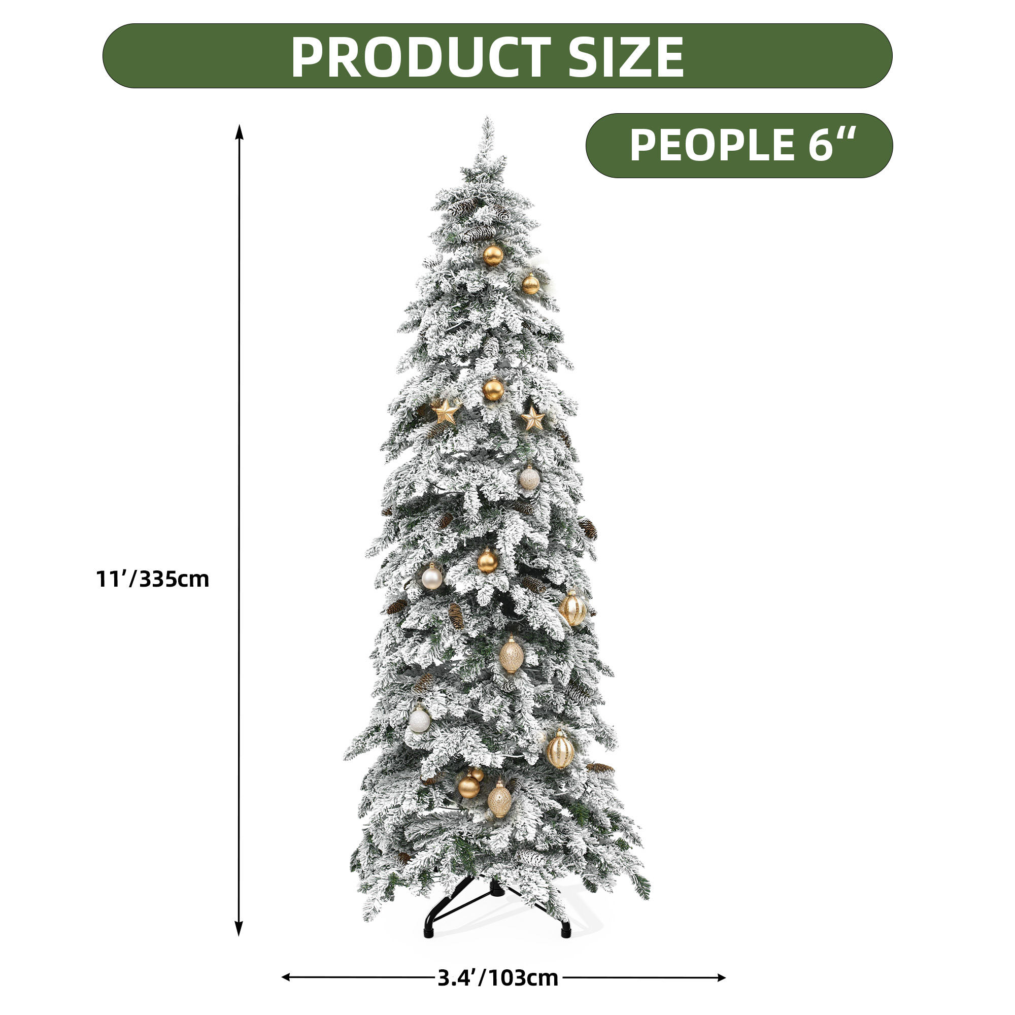 Uforic 11ft Pre-lit Flocked Pencil Spruce Christmas Tree with 2288 Branch Tips,700 Lights,72 Pine cones, Remote Control, 11 Light Modes, White Flocked