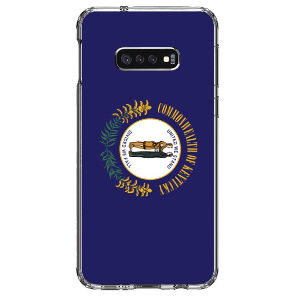 DistinctInk Clear Shockproof Hybrid Case for Samsung Galaxy S10e (5.8" Screen) - TPU Bumper, Acrylic Back, Tempered Glass Screen Protector - Kentucky State Flag - US State Flag