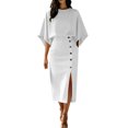 thumbnail image 2 of RFQWOVSR Women's Solid Color Elegant Round Neck Short Sleeve Top Midi Skirt 2 Piece Set Casual Office Summer Dress Outfit M, 2 of 6