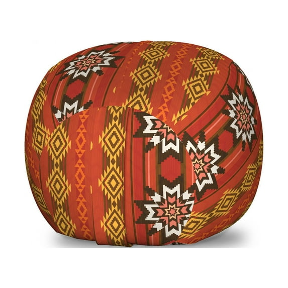 Orange Storage Toy Bag Chair, Indigenous Cultural Motif Pattern Traditional Borders, Stuffed Animal Organizer Washable Bag, Large Size, Orange Yellow and White, by Ambesonne