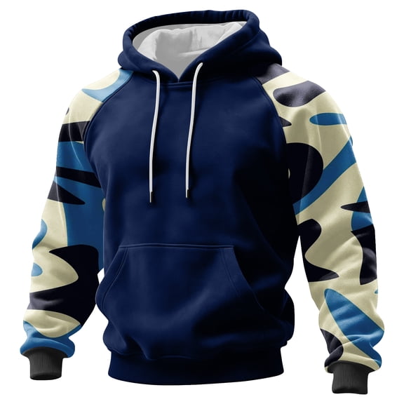 Men's Pullover Hoodie Long Sleeve Raglan Sweatshirt with Abstract Print Casual Loose Fit Kangaroo Pocket Dark Blue L