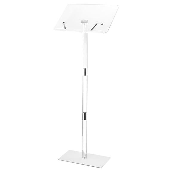 Podium Stand 43 Inch Acrylic Lectern with Adjustable Tilting Angles and Reinforced Metal Base, Portable Standing Desk for Classroom, Wedding, Church, Office Presentation, Public Speaking, and Events