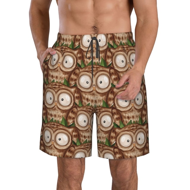 Sikiie Beautiful Owl Print Men's Beach Shorts, High Elastic Quick-drying Shorts - with Drawstring and Slip Pockets, Suitable for Beach, Sports, Vacation-XX-Large