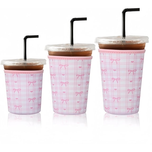 Ice Coffee Cup Sleeves for Cold Drink 16-32oz( Checked Bow2) | Insulated Neoprene Sleeve for Iced Coffee Cups, Beverage Holder Drink Sleeves for 16/18/22/24/32oz