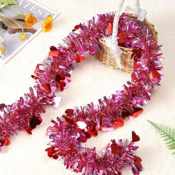 50 Feet Valentines Tinsel Garland Pink Garland Pink Valentines Day Tree Garland Pink Heart Metallic Twisted Hanging Garland for Valentine's Day Wedding Decoration Party Supply (Pink)