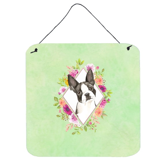 Boston Terrier Green Flowers Wall or Door Hanging Prints
