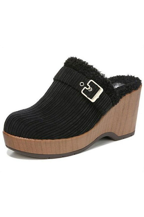 Dr. Scholl's Pixie Black Velvet Buckle Accent Round Toe Wooden Wedge Heel Clogs (Black Velvet, 11)