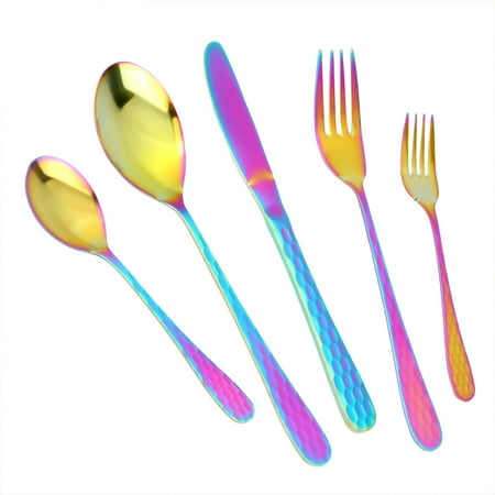 - MDEALY 30-Piece Rainbow Silverware Flatware Cutlery Set, Stainless Steel Kitchen Utensils Service for 6, Include Dinner Knives,Dinner Forks,Dinner Spoons,Salad Forks,Teaspoons, Multicolor Elegant Gift