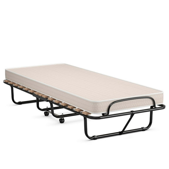 Giantex 3 inch Rollaway Bed with Memory Foam Mattress, Folding Portable Guest Cot Size w/Sturdy Metal Frame for Home, Garden & Office, Made in Italy (Beige)
