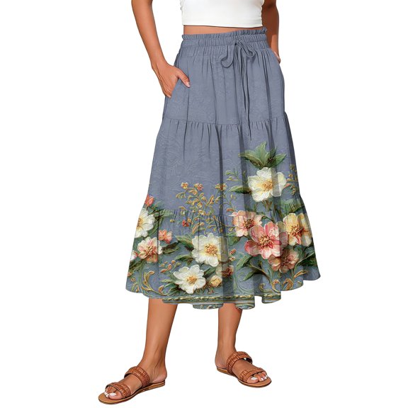 longantii Midi Skirts for Women Flowy Swing Boho Floral Skirt Patterned A Line High Waisted Tiered Maxi Skirt Beach Outfits Pink S