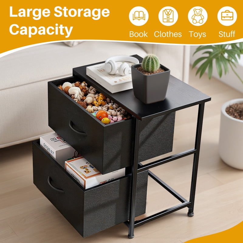 TINKLE WELL Nightstand with 2 Fabric Drawers, End Table 20 inch Tall Side Table for Bedroom, Closet, or Dorm Storage, Black, 1 Pack