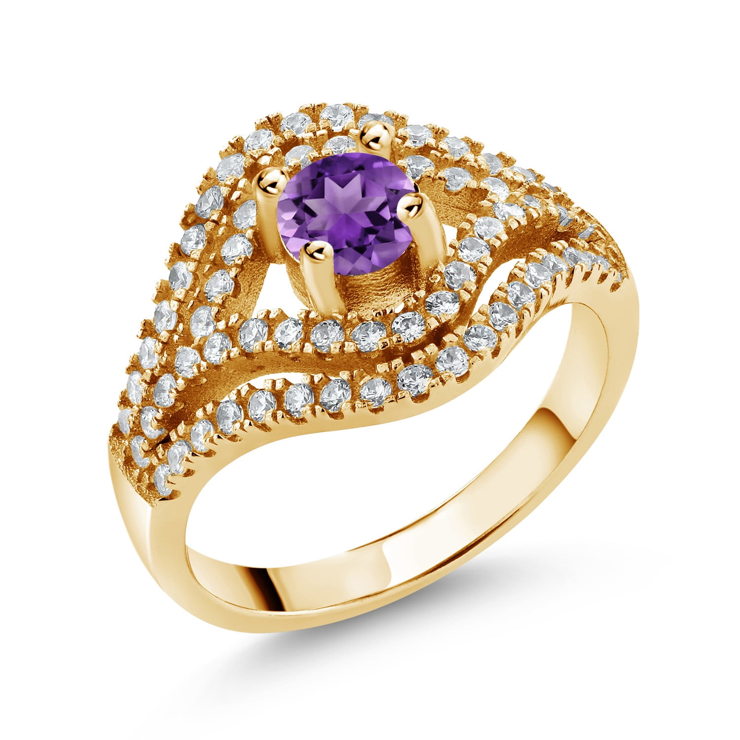 Gem Stone King 1.16 Ct Round Purple Amethyst 18K Yellow Gold Plated Silver Ring