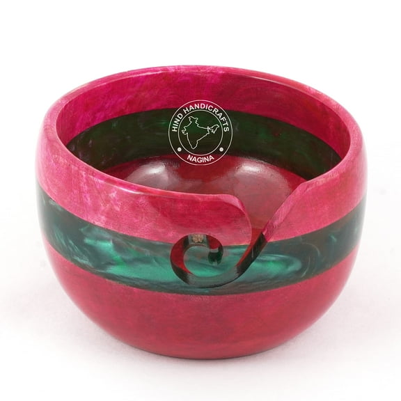 Hind Handicrafts Antique Resin Inlaid Wooden Portable Yarn Storage Bowl - Solid Dark Handmade Crafted - Holder for Knitting Crochet Hook Accessories (Pink, 7" x 7" x 4")