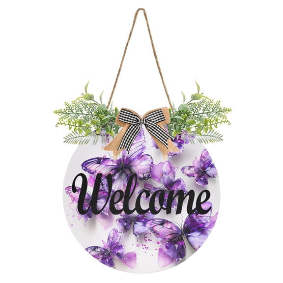 Purple Butterflies Watercolor Welcome Sign for Front Door Wreath Door Sign for Farmhouse Porch Decoration Indoor Outdoor
