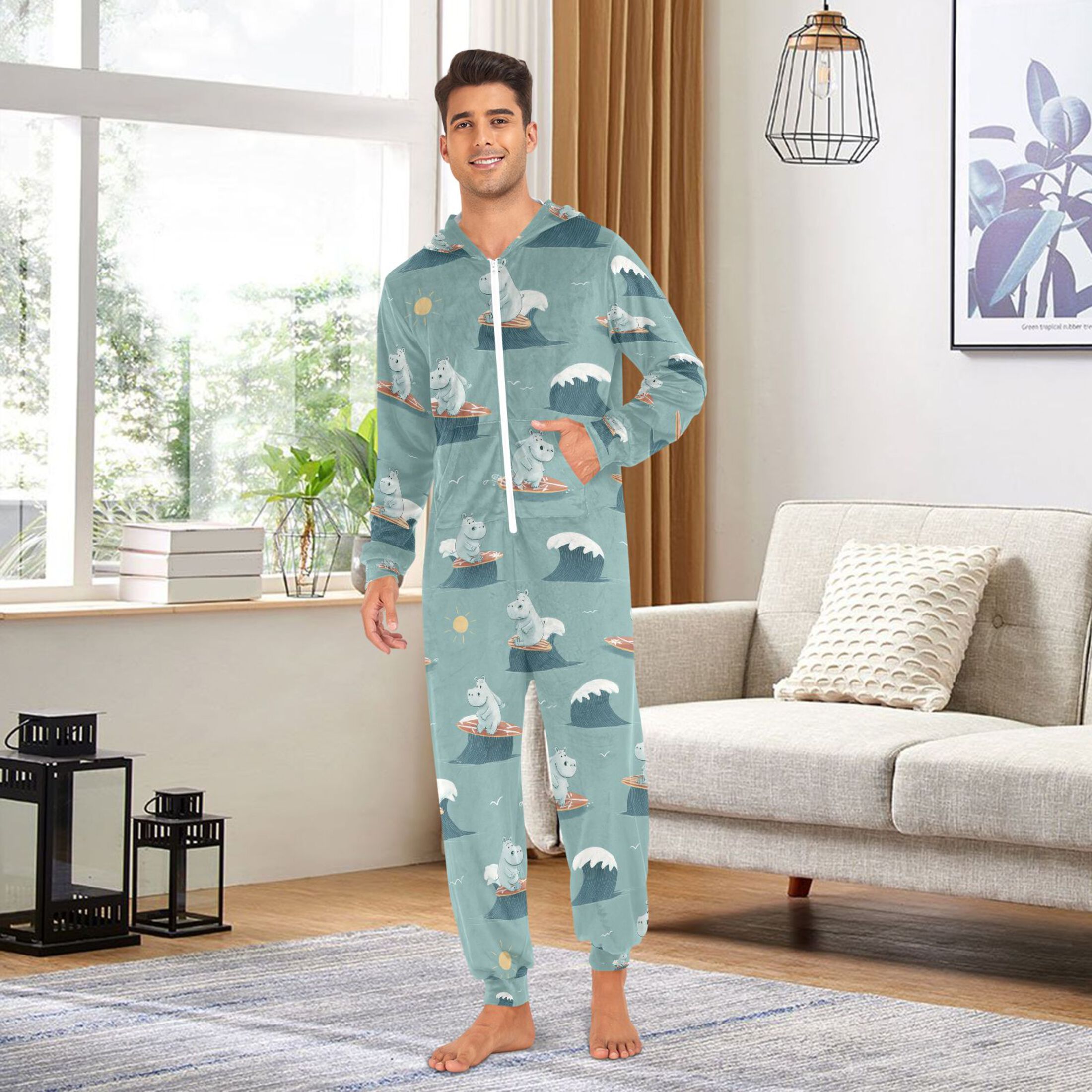Adult Christmas Onesie Surfing Hippo Adult Zipper One-Piece Pajamas Unisex Pajamas with Pockets