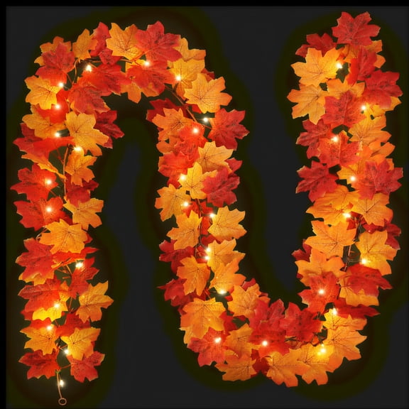 Scidweet Fall Maple Leaves Garland, 9 FT 50 LED String Lights Fall Decorations for Home Party Garland Thanksgiving Fireplace Indoor Outdoor Autumn Decor