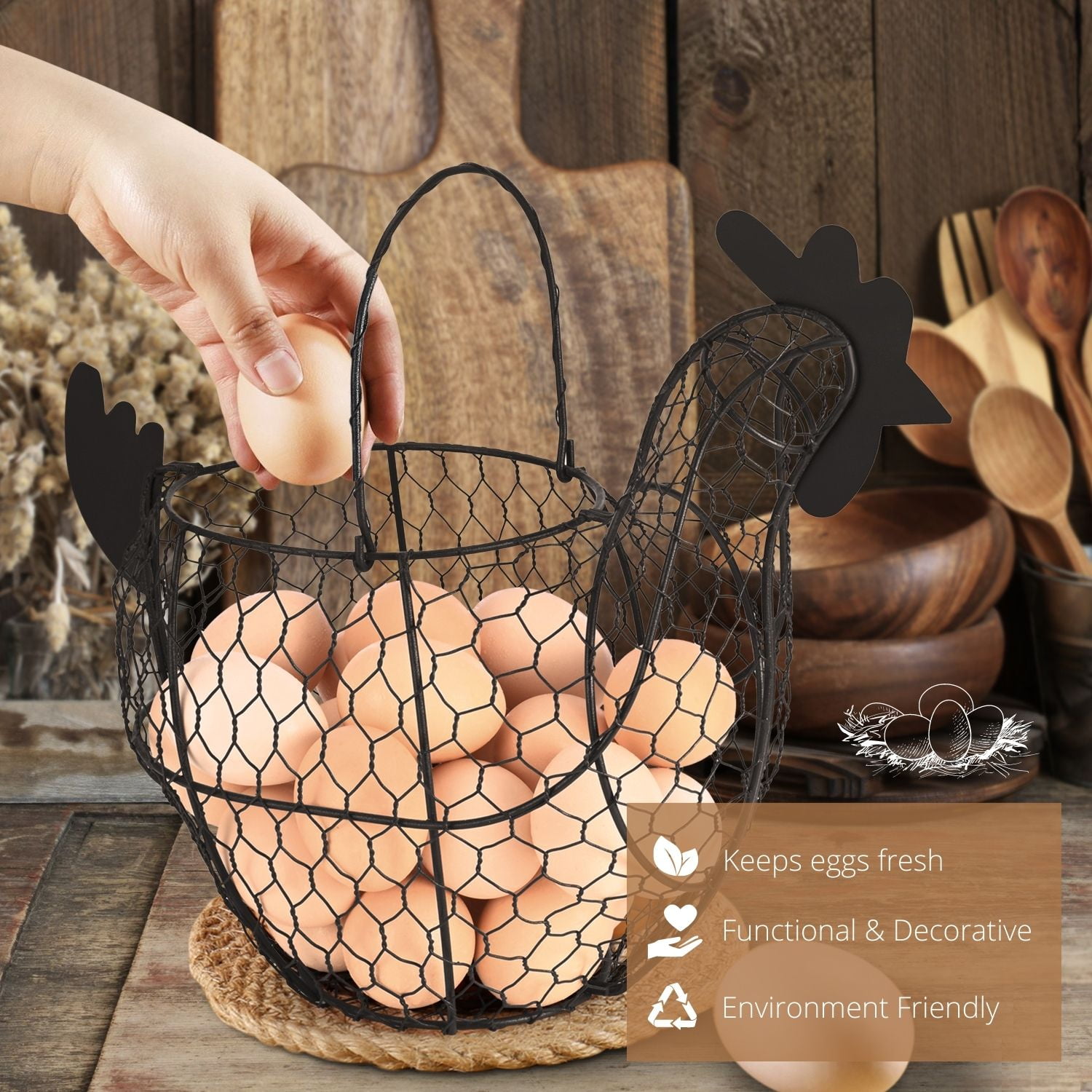 Chicken Egg Basket, Egg Storage Holder with Handle for Eggs, Fruits, Vegetables, Metal Wire Mesh Chicken Decor for Kitchen Table Countertop, Farmhouse Rustic Style, Brown