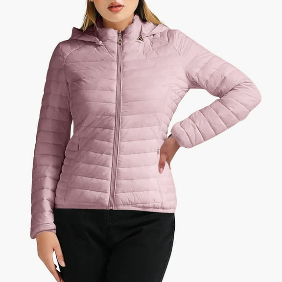 XFLWAM Women's Quilted Down Jacket Zip Up Hooded Puffer Jacket Lightweight Solid Color Warm Winter Coats