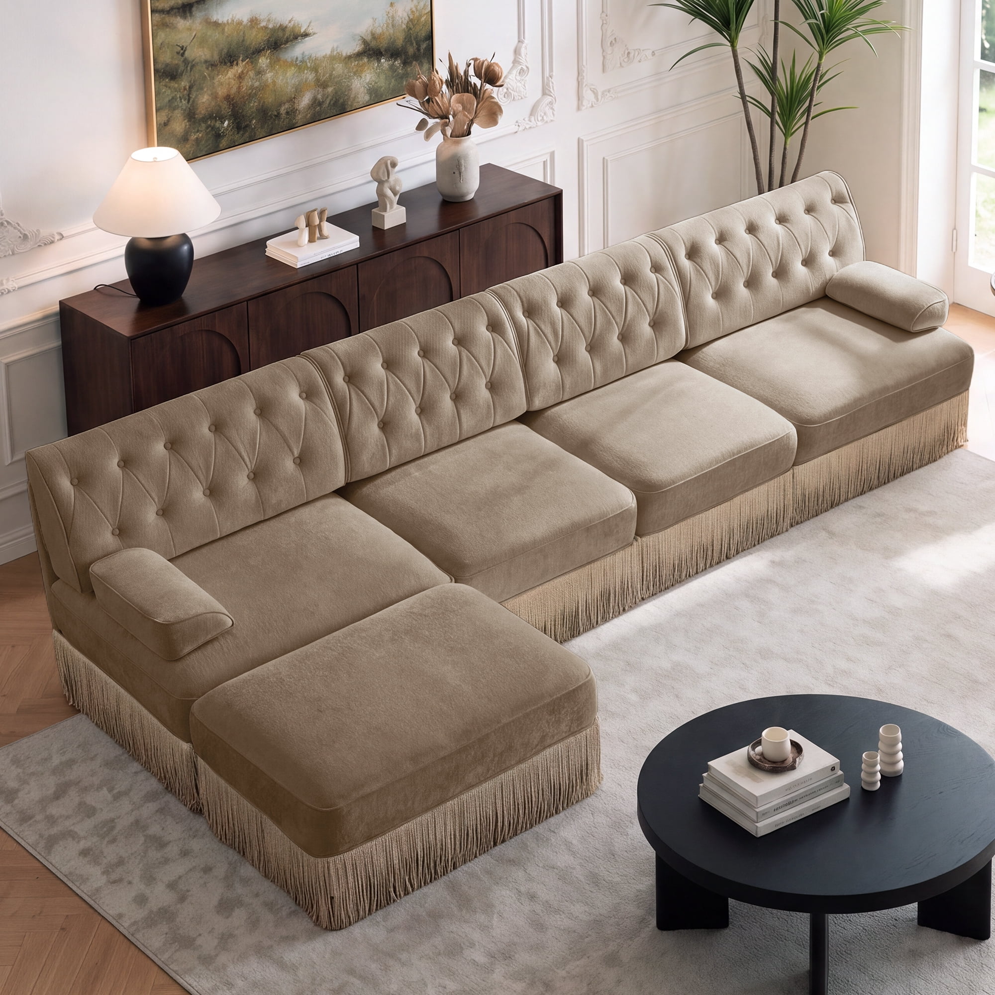 135" Chesterfield 4 Seater L-Shaped Modular Sectional Sofa Set with Ottoman and Tassel Skirt, Easy to Assemble