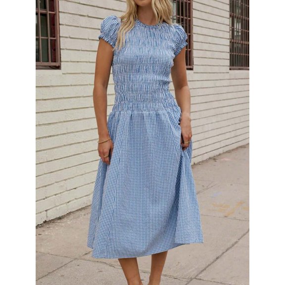 Sky Blue Gingham Print Round Neck Short Sleeve Midi Dress For Casual Street Wear