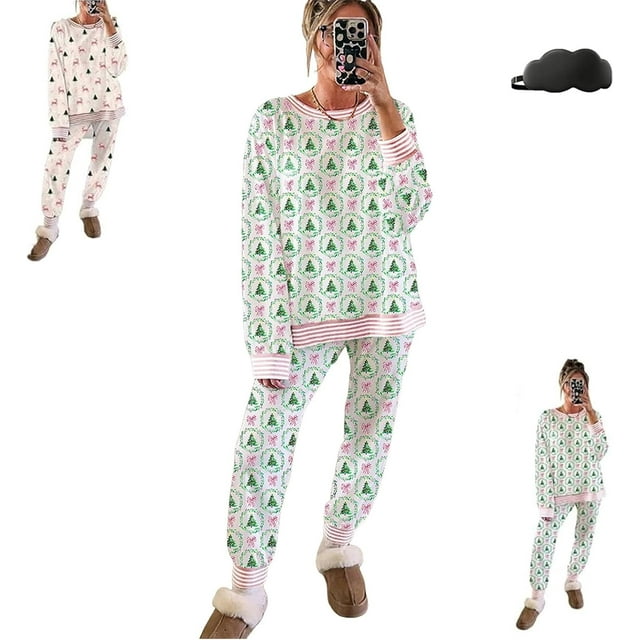 Ensemble de Pyjama à Thème des Fêtes pour Femmes - Tenue de Détente à Imprimé d'Arbre de Noël, 2 Pcs